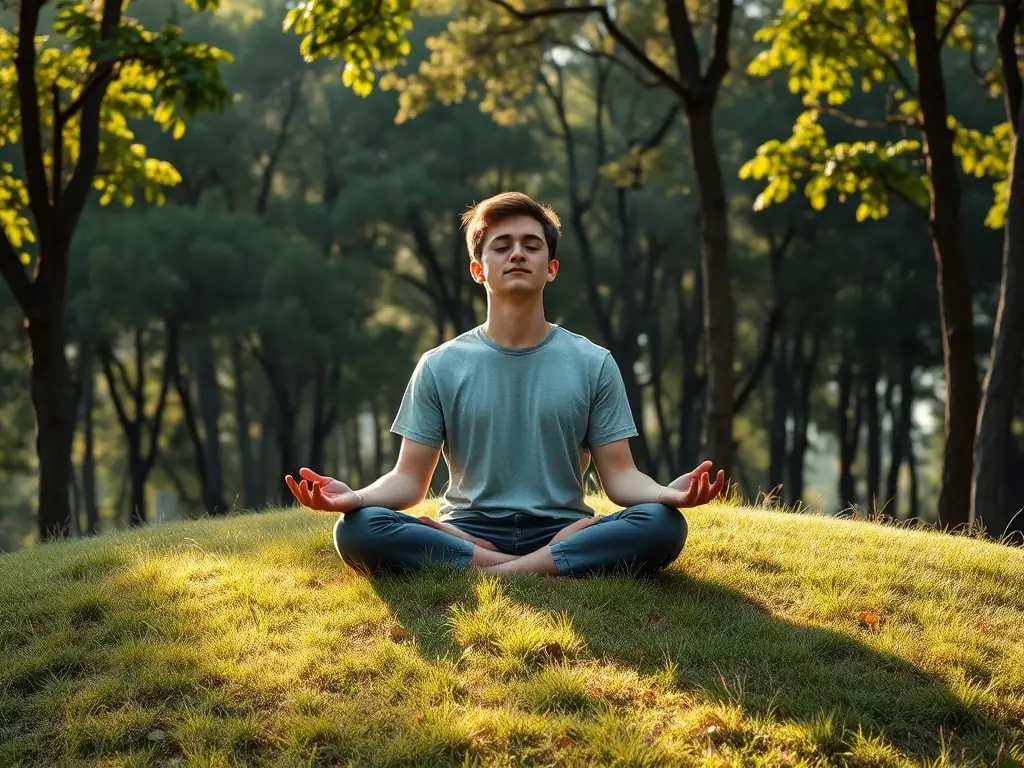 An individual meditating in a serene environment, focusing on mindfulness and stress reduction techniques, with soft, natural lighting.