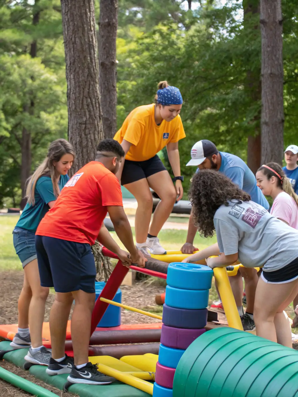 A dynamic image of a diverse group of people participating in a team-building exercise outdoors, showcasing collaboration and leadership.