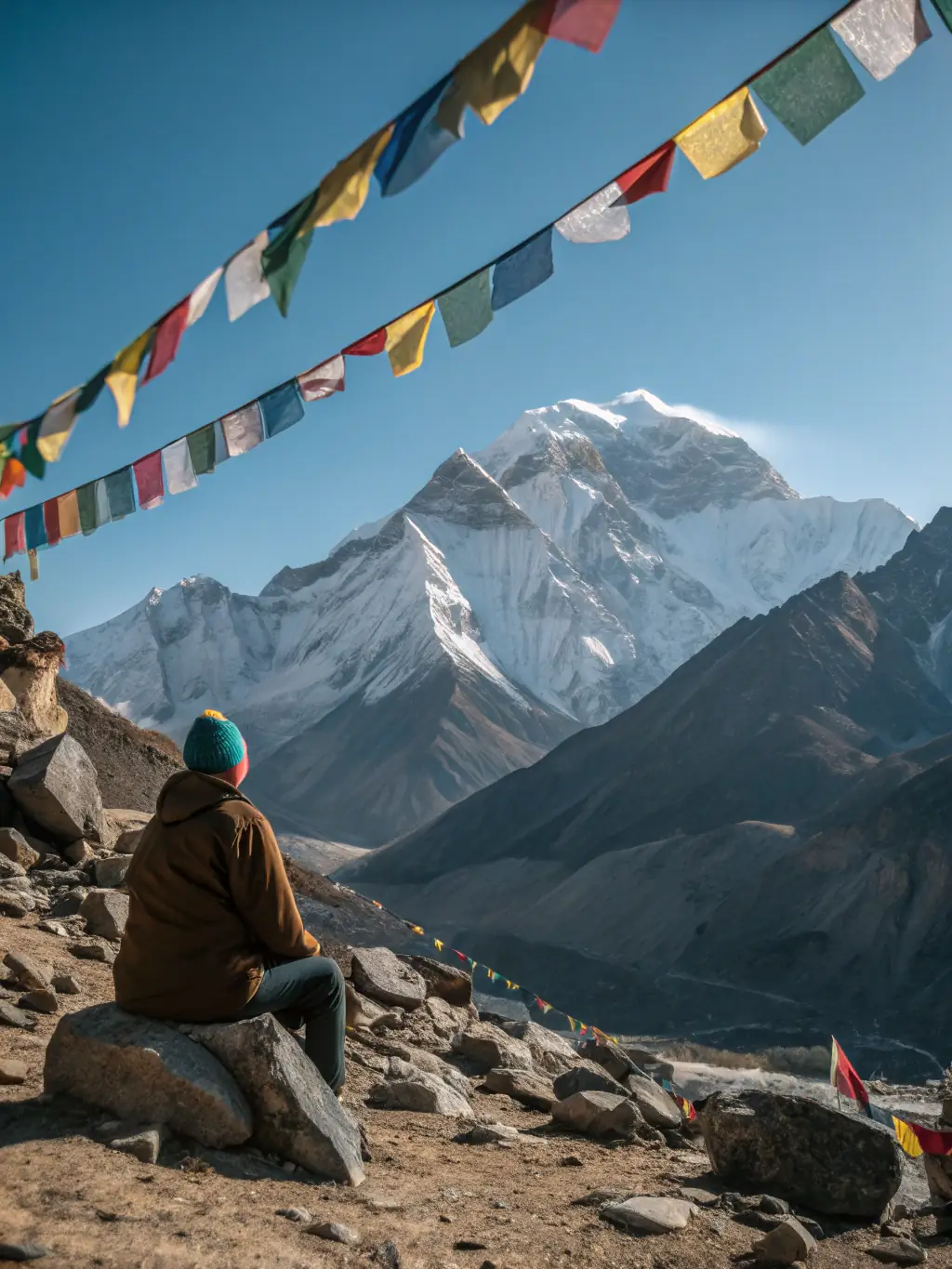 An inspiring image of a person meditating peacefully at sunrise in the Himalayas, representing inner peace and mindfulness.