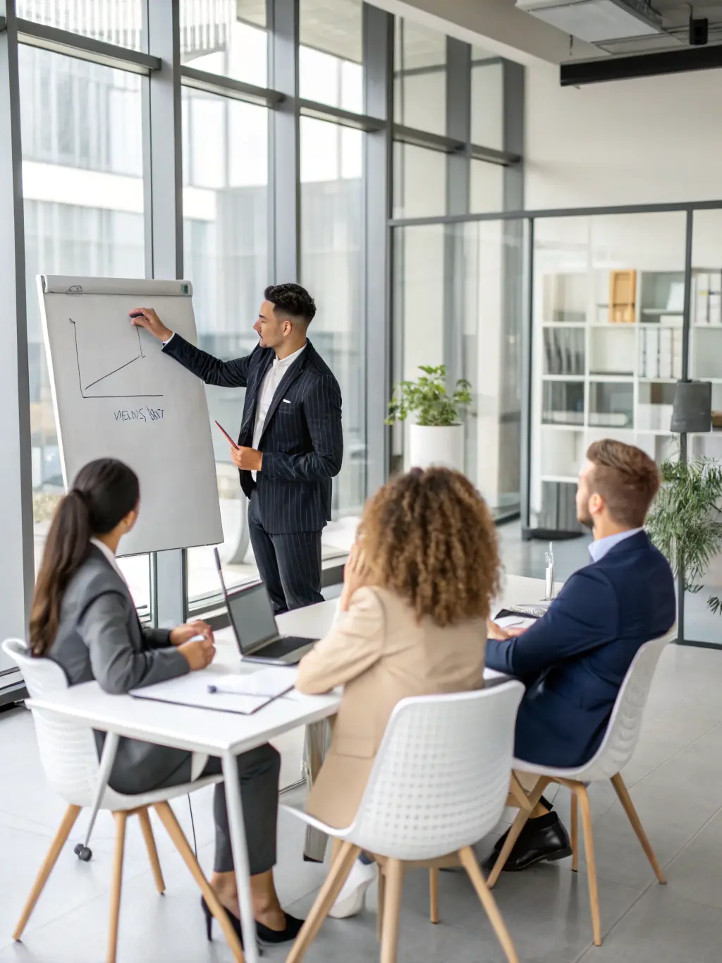 A vibrant image of a person confidently presenting a project in a business meeting, symbolizing effective communication and presentation skills.