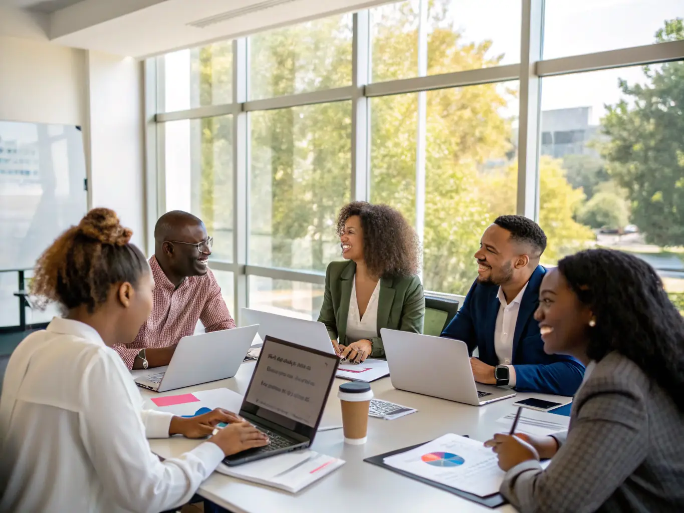 A diverse group of professionals participating in a leadership workshop, actively engaged in discussions and collaborative problem-solving activities.