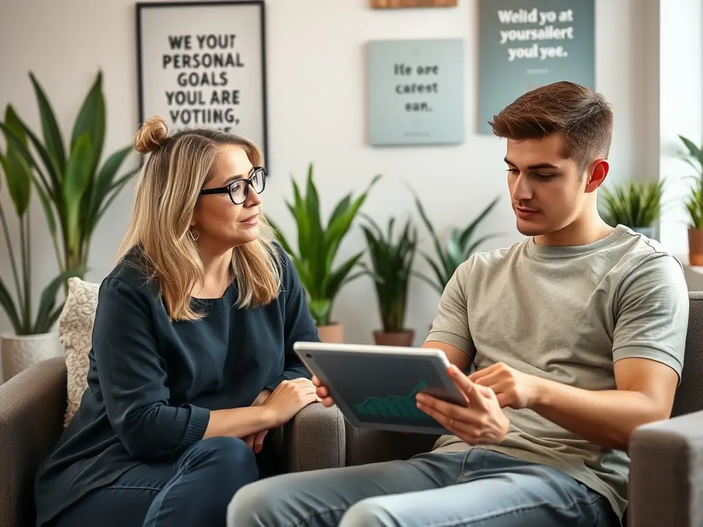 A professional coach in a focused one-on-one session, guiding a client through a strategic planning exercise, with charts and goals visible in the background.